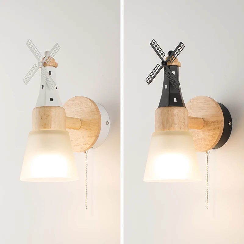 Décor nordique moulin à vent applique murale appliques pour la maison salon enfants chambre chevet miroir lumières bois luminaire - vue 7 sur 8