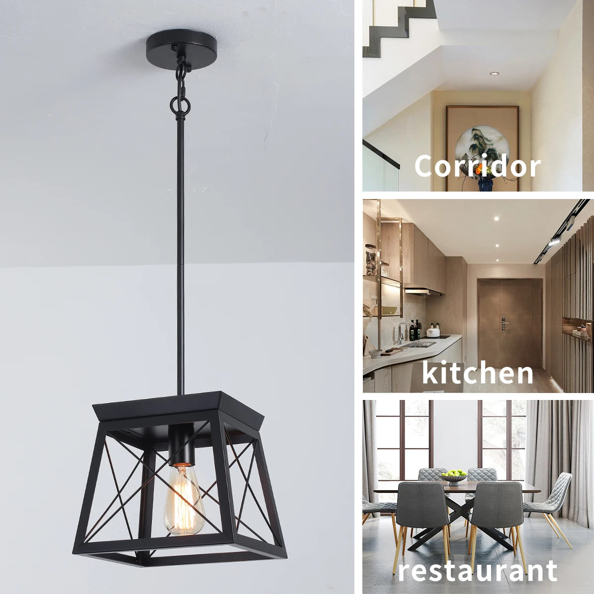 Ganeed Farmhouse Suspension Cage en métal Finition Bois 1 Lumière Lanterne Rustique Lustre Hauteur Réglable Suspension - vue 4 sur 7