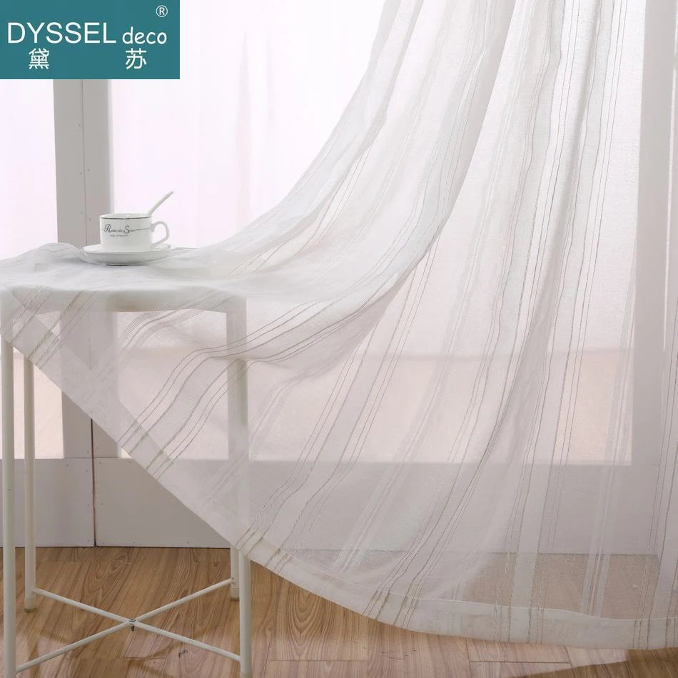 Rideau lin et tulle rayures style europeen salon - vue 2 sur 6