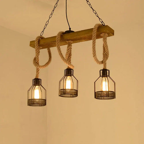 Kronleuchter im Retro-Industriedesign mit 3 Köpfen aus Holz und Hanfseil - vue 2 sur 8