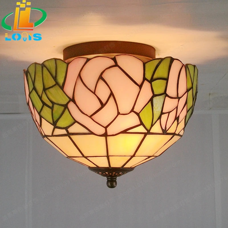 plafonnier en verre style tiffany pour éclairage artistique rétro - vue 2 sur 8