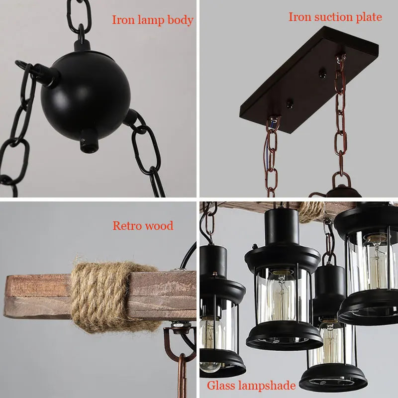 lustre industriel rétro en bois et fer avec 8 lampes - vue 8 sur 7