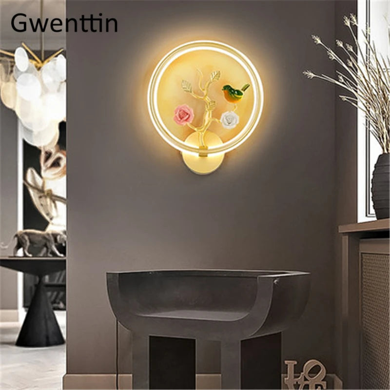 applique murale ronde à led fleur et oiseau décoratif pour intérieur - vue 2 sur 20
