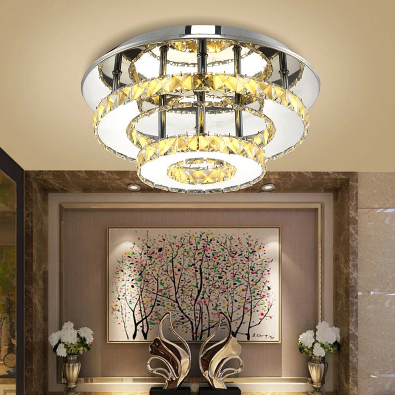 lustre moderne en acier inoxydable avec cristaux et led
