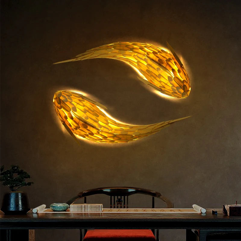 plafonnier baleine Style japonais en bois massif dauphin Restaurant asiatique Hotpot boutique lampe carpe poisson applique décorative - vue 3 sur 9