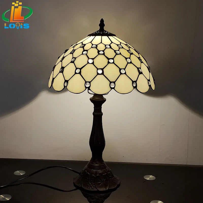 12 Inch European Crystal Bead Glass Table Lamp Tiffany Style Study Room Reading Bar Table Lighting Simple Retro Art Metal Base