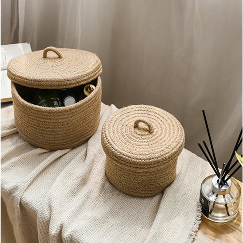 Cosmetics Storage Box, Jute Woven Basket, Tabletop Key, Remote Control Container, Snack Case with Cover Organizer, ECO Friendly