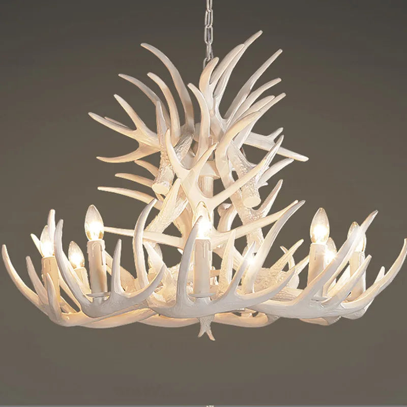 lustre Rétro résine bois salon Restaurant Bar 4/6/9 bras marron blanc E14 corne de cerf lumières décoration de la maison