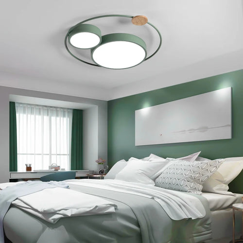 LED-Deckenleuchte nordisch rund aus Holz und Acryl Macaron-Dekoration - vue 3 sur 14