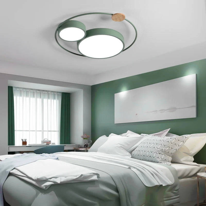 LED-Deckenleuchte nordisch rund aus Holz und Acryl Macaron-Dekoration - vue 3 sur 14
