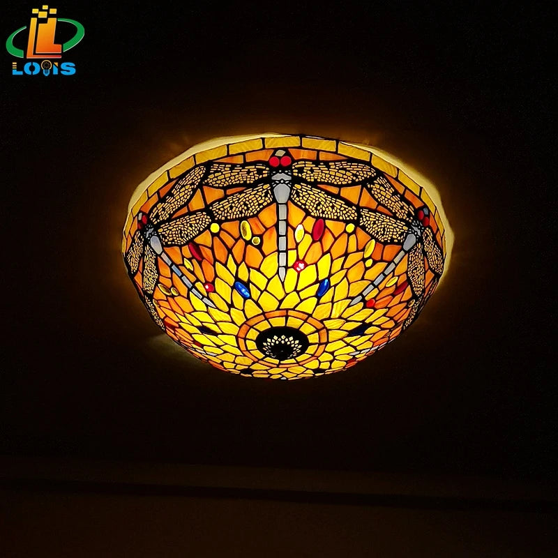 16Inch Dragonfly Ceiling Light Tiffany Style Glass Lamp European Retro Decorative Lighting Bedroom Balcony Bar LED Lighting E27 - vue 2 sur 6