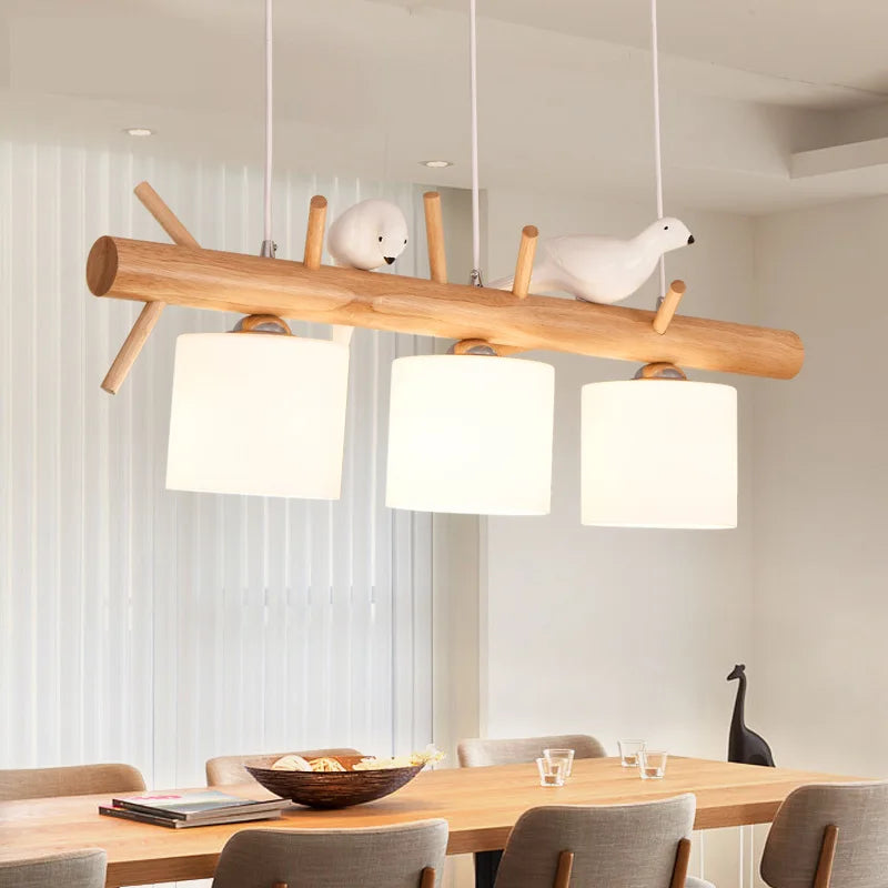 lustre en bois nordique avec éclairage en verre oiseaux 2 ou 3 têtes