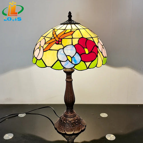 Tischlampe im Tiffany-Stil mit Blumen und Libellen dekorativ - vue 3 sur 6