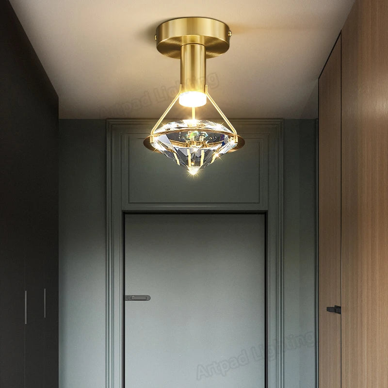 plafonnier de luxe en cuivre avec luminaire moderne en cristal - vue 6 sur 7