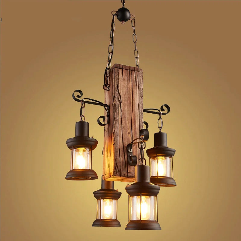 Suspension industrielle en bois avec luminaire en verre - vue 3 sur 7