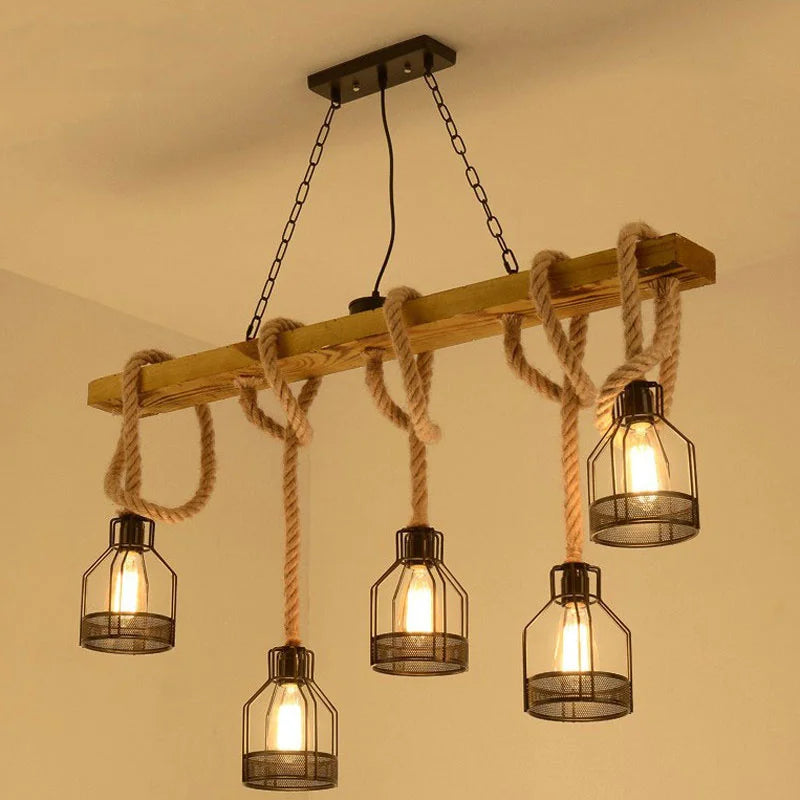 5 têtes Loft suspension lampe salle à manger Restaurant café salon corde de chanvre bois plafond lustre éclairage Vintage Droplight