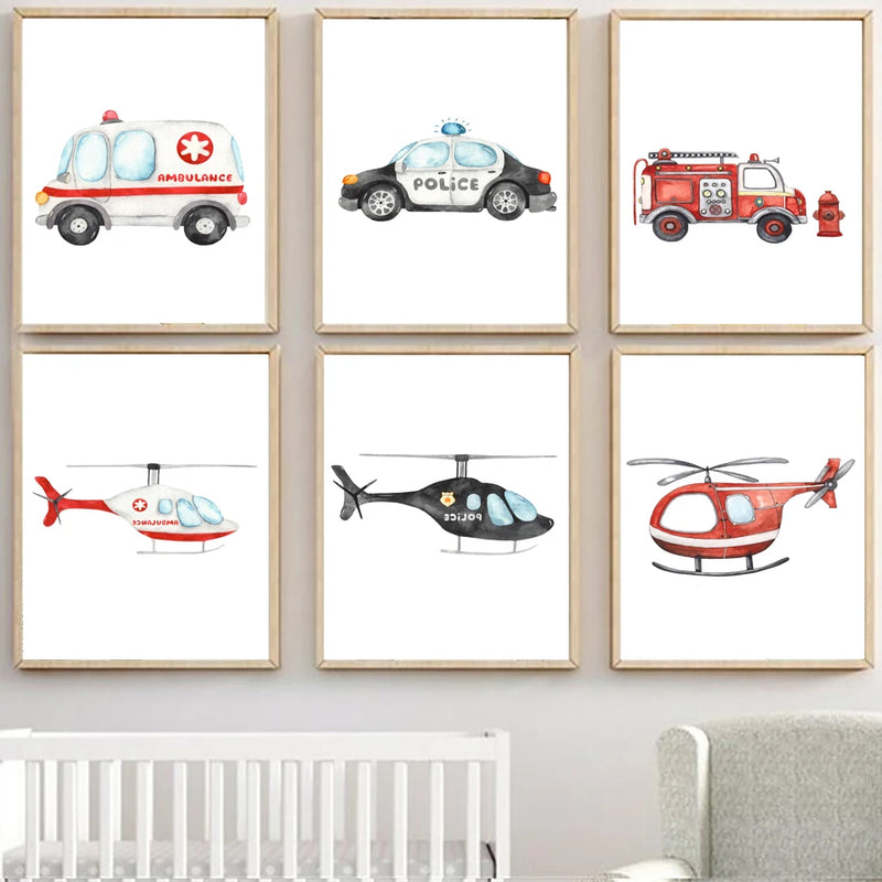 décoration murale camion de pompiers ambulance et avion pour enfants