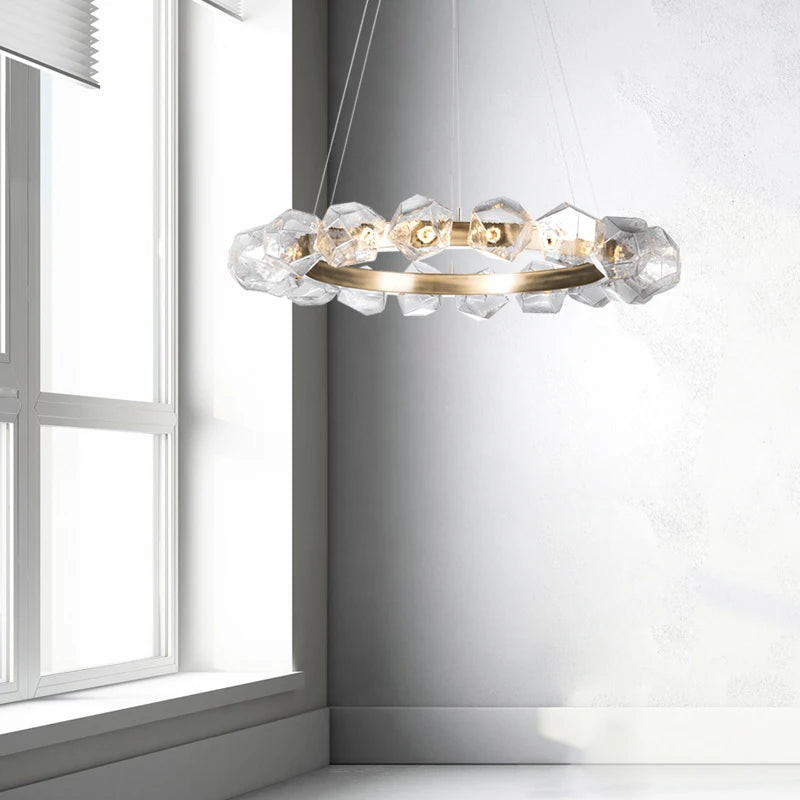 lustre led art déco rond en pierre et verre moderne - vue 6 sur 6