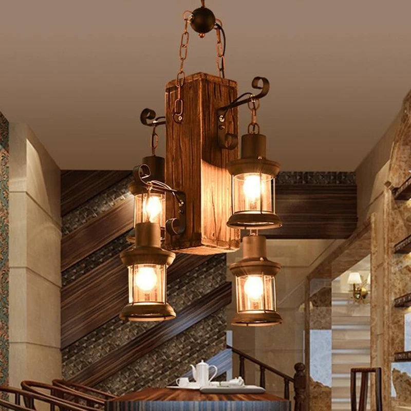 Suspension industrielle en bois avec luminaire en verre - vue 5 sur 7
