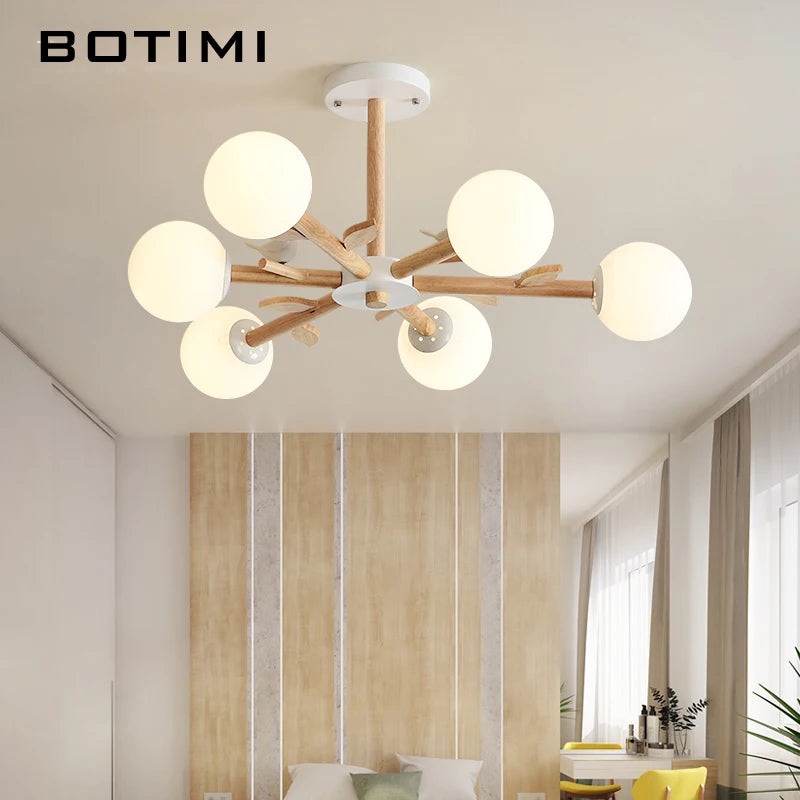 lustre botimi en bois naturel avec abat-jour rond en verre - vue 3 sur 11