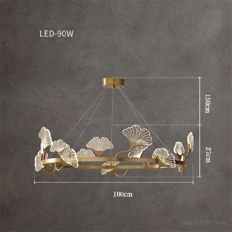 lustre en cuivre simple avec feuilles led style chinois - vue 9 sur 9