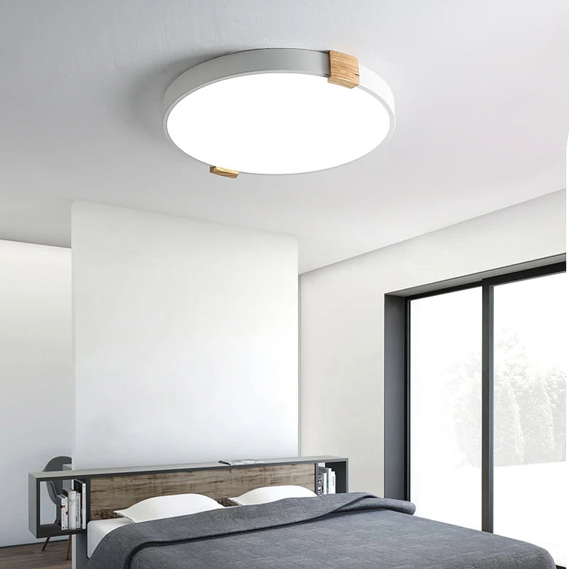 plafonnier led rond nordique en fer et bois décoratif créatif - vue 4 sur 10