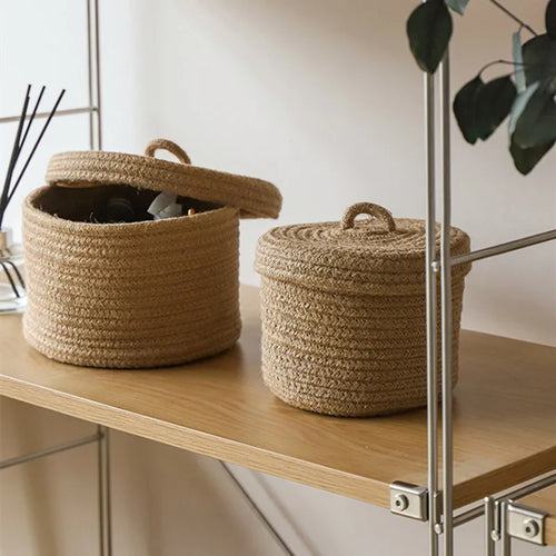 Cosmetics Storage Box, Jute Woven Basket, Tabletop Key, Remote Control Container, Snack Case with Cover Organizer, ECO Friendly - vue 6 sur 11