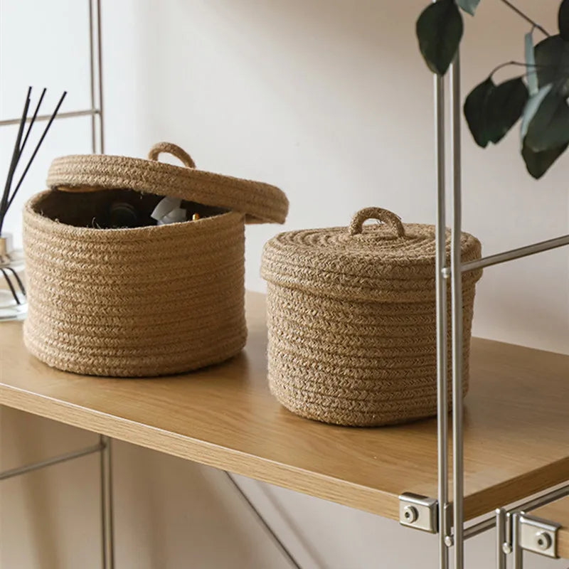 Cosmetics Storage Box, Jute Woven Basket, Tabletop Key, Remote Control Container, Snack Case with Cover Organizer, ECO Friendly - vue 5 sur 11