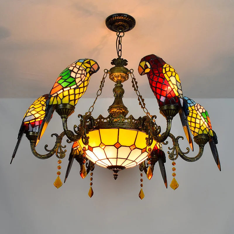 lustre tiffany vitrail lumineux oiseau perroquet design élégant intérieur
