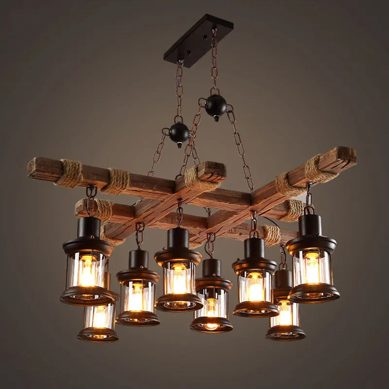 lustre industriel rétro en bois et fer avec 8 lampes - vue 4 sur 7
