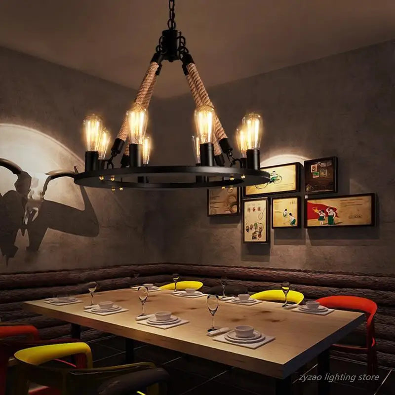 Industrielle Retro-Pendelleuchte mit Hanfseil im Vintage-Stil - vue 3 sur 24