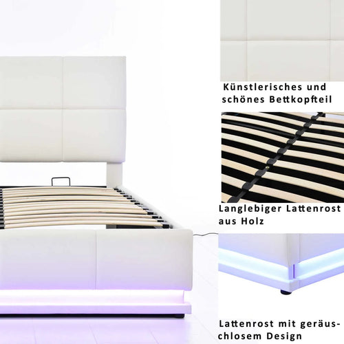 PU Leather White Upholstered Bed 140x200cm Double Bed with LED Lighting Underbed Storage Space, Bed Frame with Slatted Frame - vue 3 sur 7