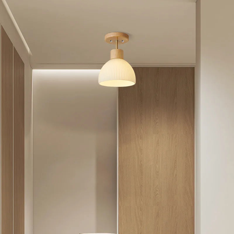 plafonnier nordique en bois et verre rayé design moderne luminaire décoratif - vue 5 sur 8