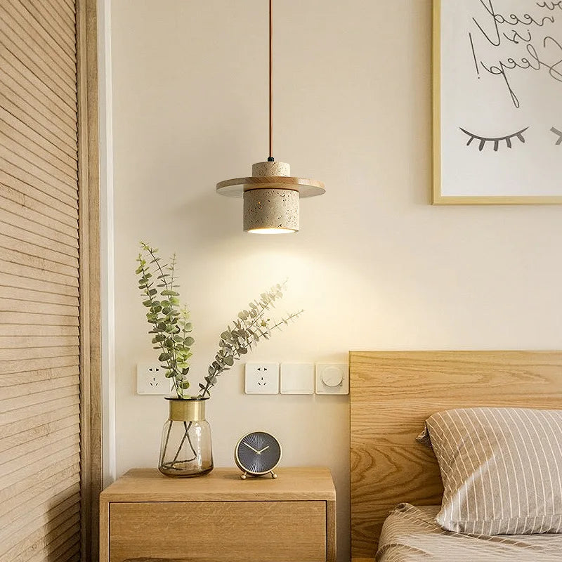 LED-Pendelleuchte im japanischen Minimalismus aus Nussbaum und Travertin - vue 2 sur 13