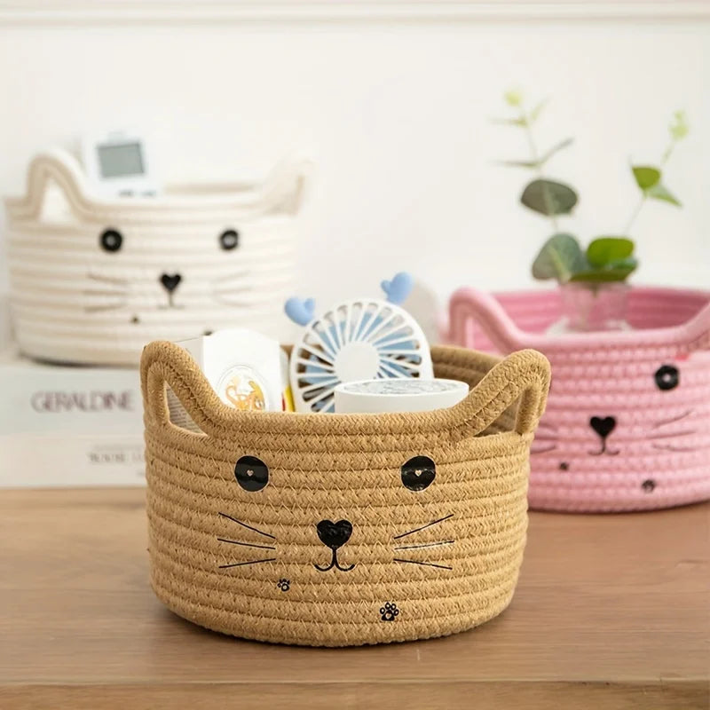 paniers de rangement en coton tissé tête de chat pour bureau et maison - vue 2 sur 11