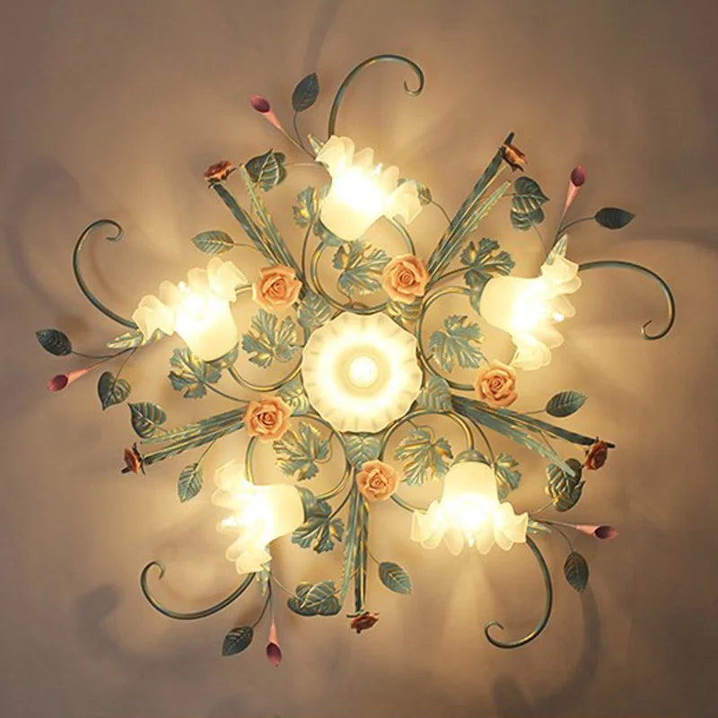 plafonnier led en fer fait main avec fleur de rose style américain coréen - vue 7 sur 10