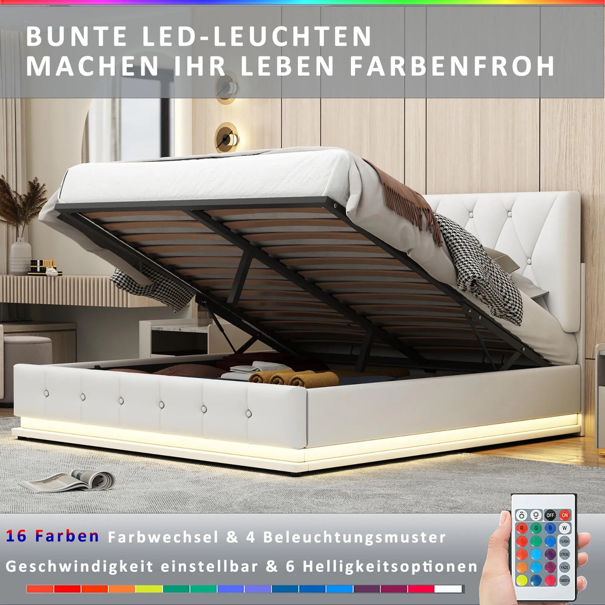White Upholstered Bed, 140x200cm Double Bed, with Slatted Frame Artificial Leather Cover LED Lighting Hydraulically Liftable Bed - vue 3 sur 6