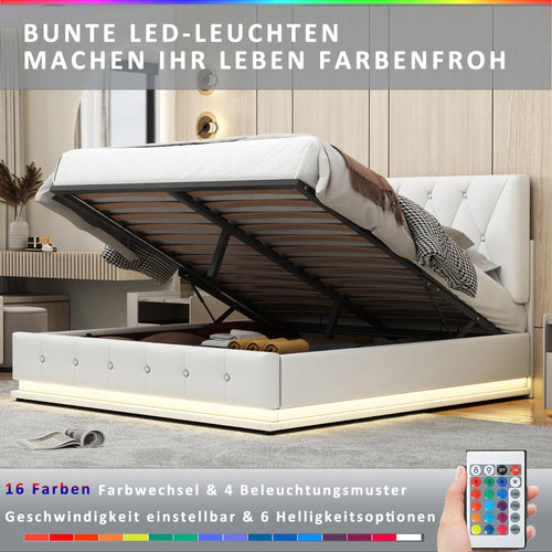 White Upholstered Bed, 140x200cm Double Bed, with Slatted Frame Artificial Leather Cover LED Lighting Hydraulically Liftable Bed - vue 4 sur 6