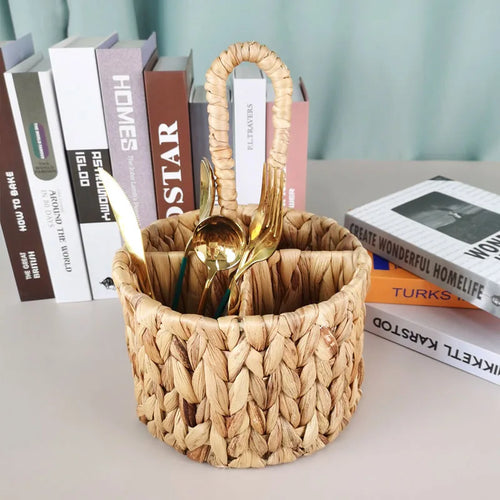 Wicker Flatware Organizer, Hand Woven Water Hyacinth Cutlery Holder for Countertop with Handle - vue 5 sur 6