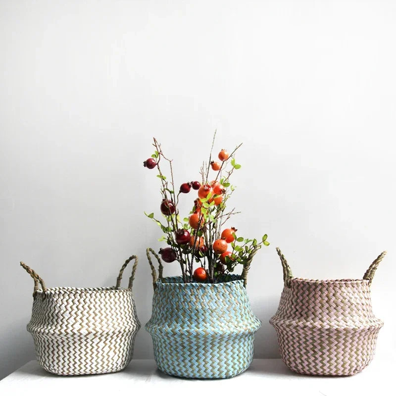 panier de rangement en osier pliable fait main patchwork seagrass - vue 5 sur 9