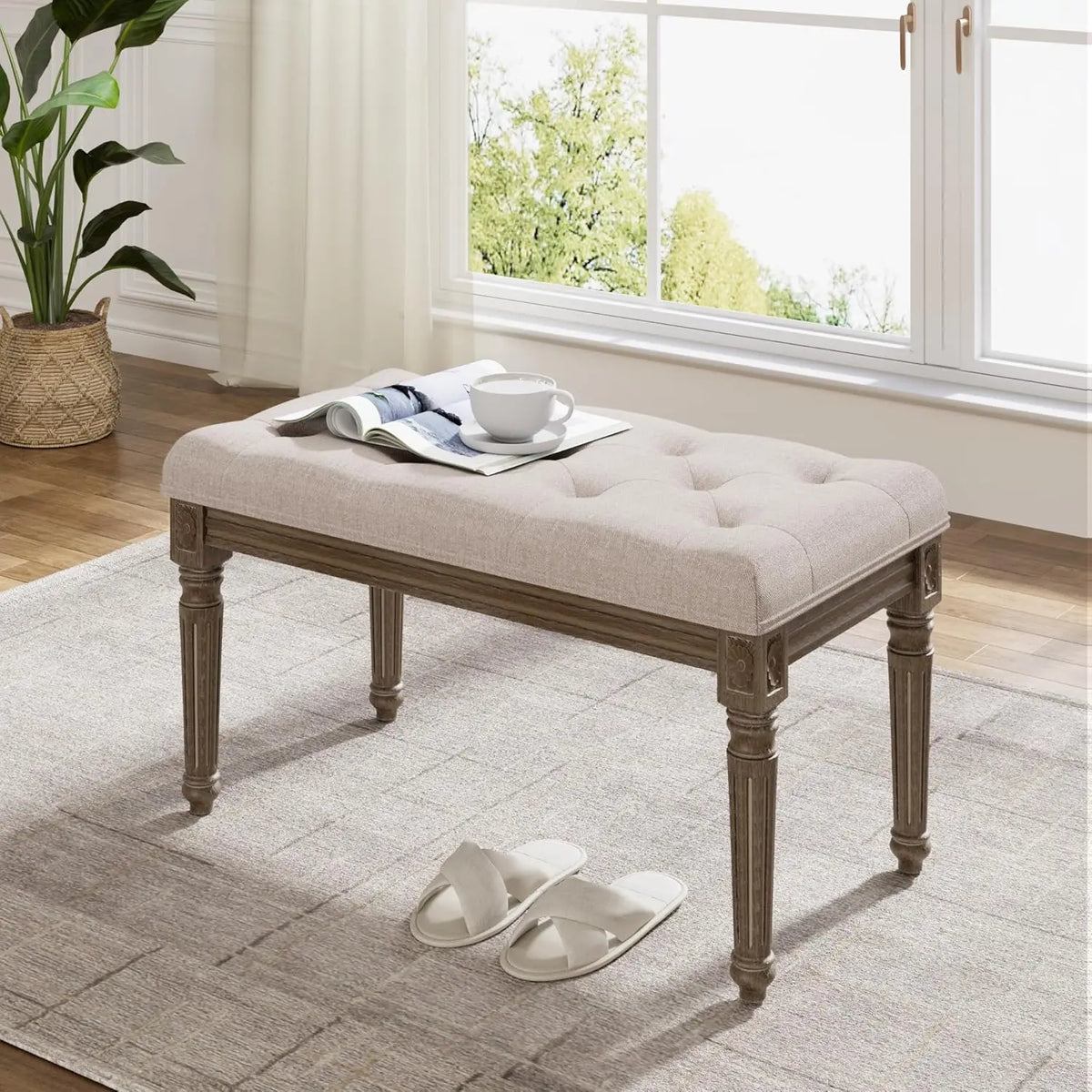 Beige Bench for Dining Room Table, Upholstered Vanity Stool Piano Bench Makeup Stool with Rustic Wood Vanity Stool Foot Rest