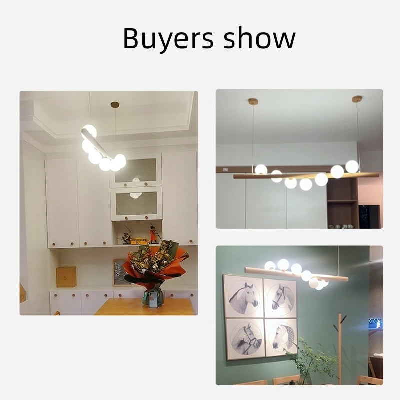 Lustre suspendu en bois massif avec boules de verre blanc lait - vue 7 sur 11