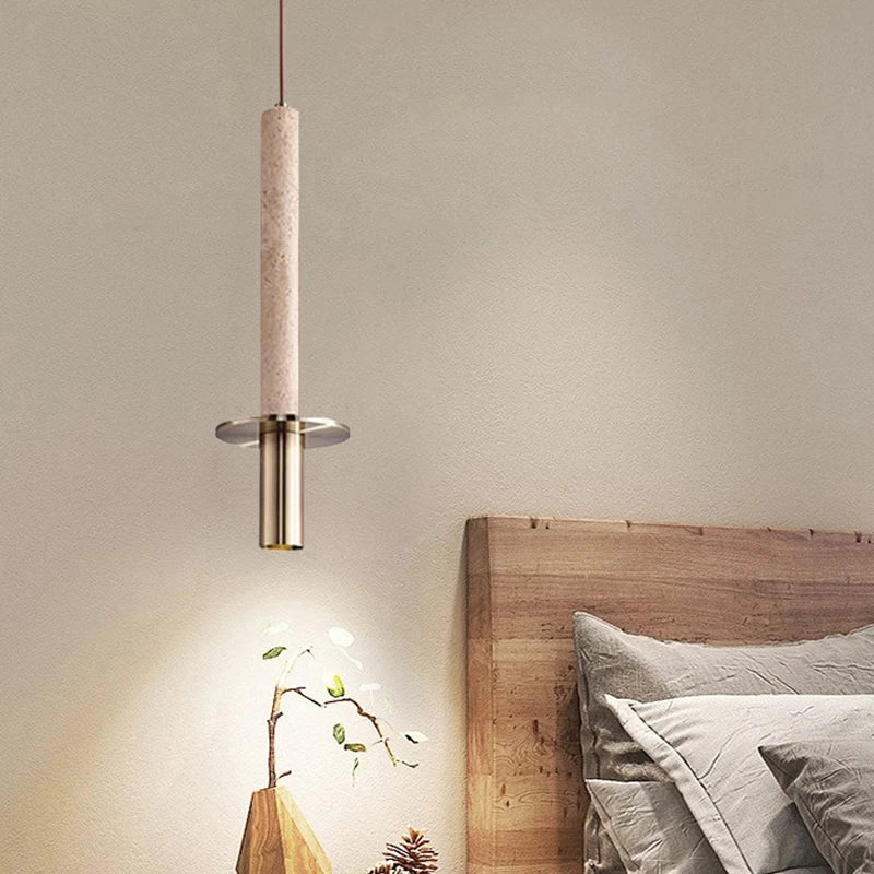 suspension cylindrique en marbre et métal doré pour intérieur moderne - vue 2 sur 7