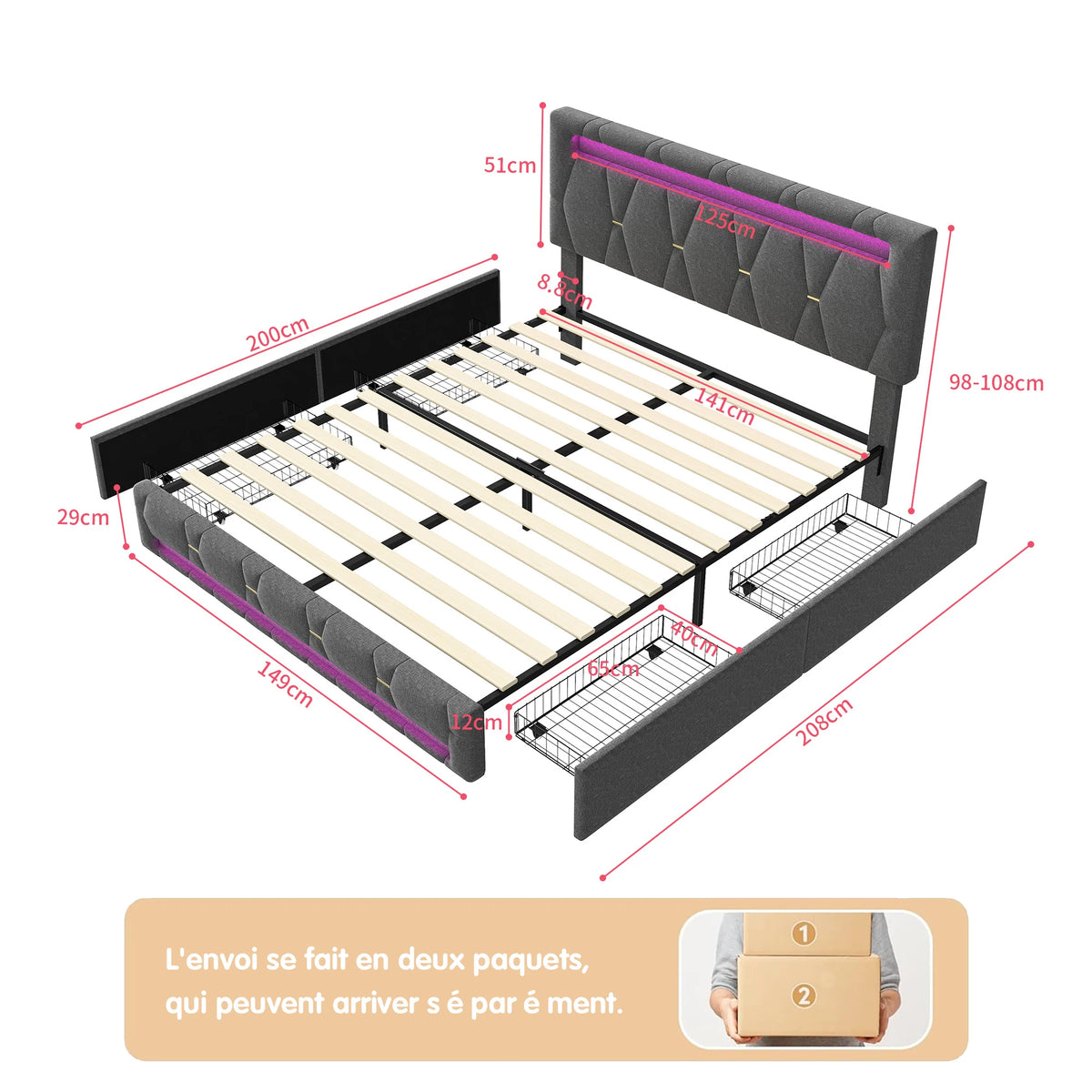 Upholstered Double Bed 140x200cm,LED Bed with 4 Drawers and Adjustable Headboard,Bed Frame with Wooden Slatted Frame,No Mattress - vue 6 sur 7