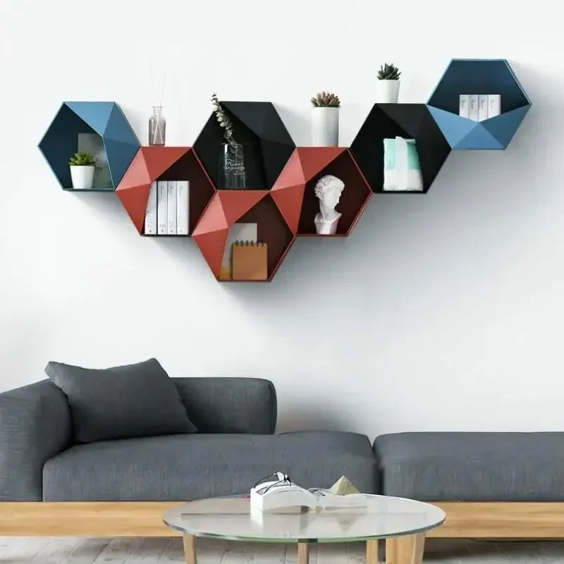 support mural en bois hexagonal pour livres et décorations - vue 6 sur 12