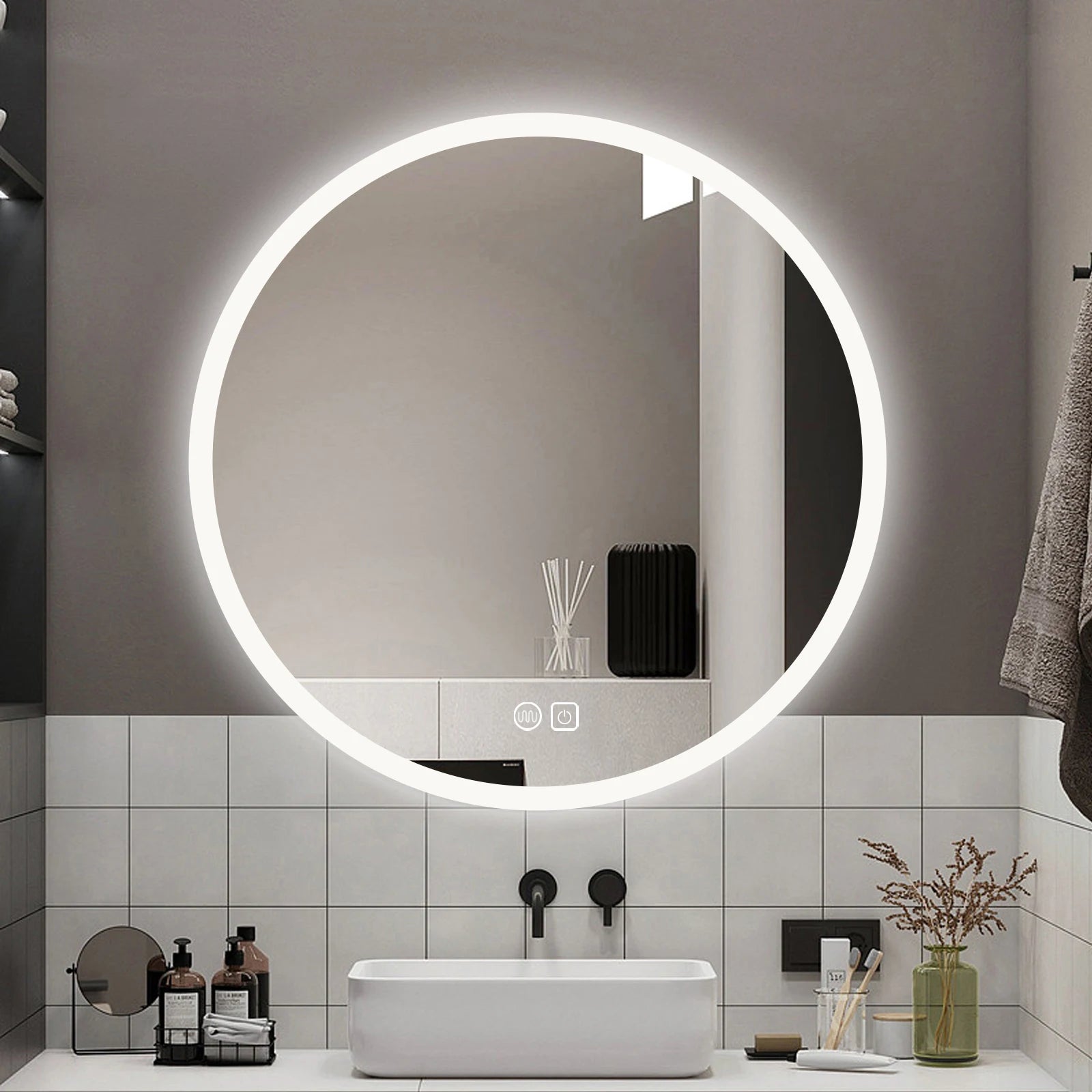 miroir rond lumineux avec interrupteur tactile et fonction antibuée - vue 6 sur 7