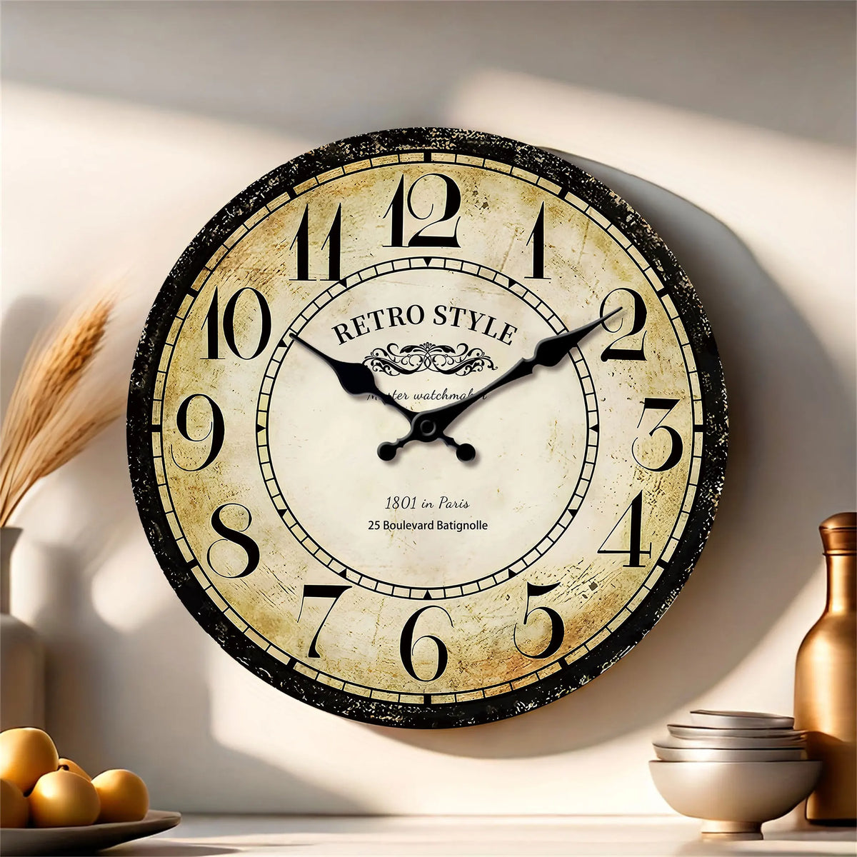 1pc retro wooden wall clock, wall clock designed by Paris watchmaker, non-ticking round silent clock, suitable for living room b