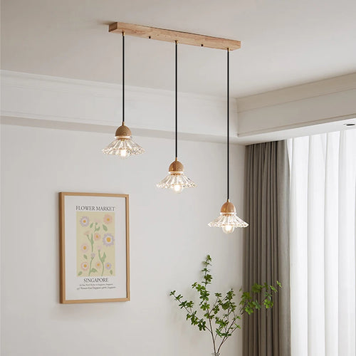 Moderner nordischer LED-Kronleuchter aus Holz und Glas im japanischen Stil - vue 2 sur 10