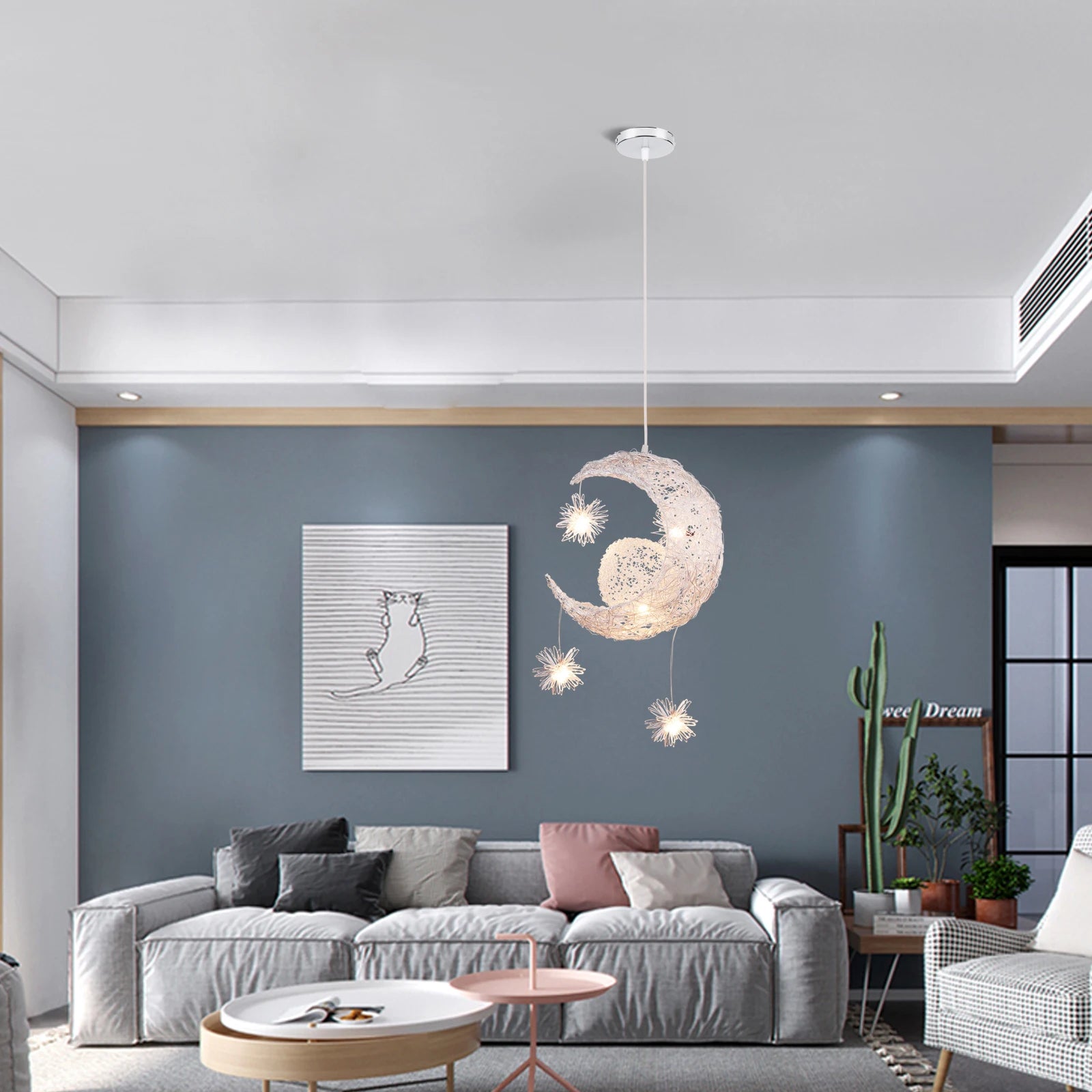 lustre led romantique moderne en forme de lune et étoile - vue 5 sur 14