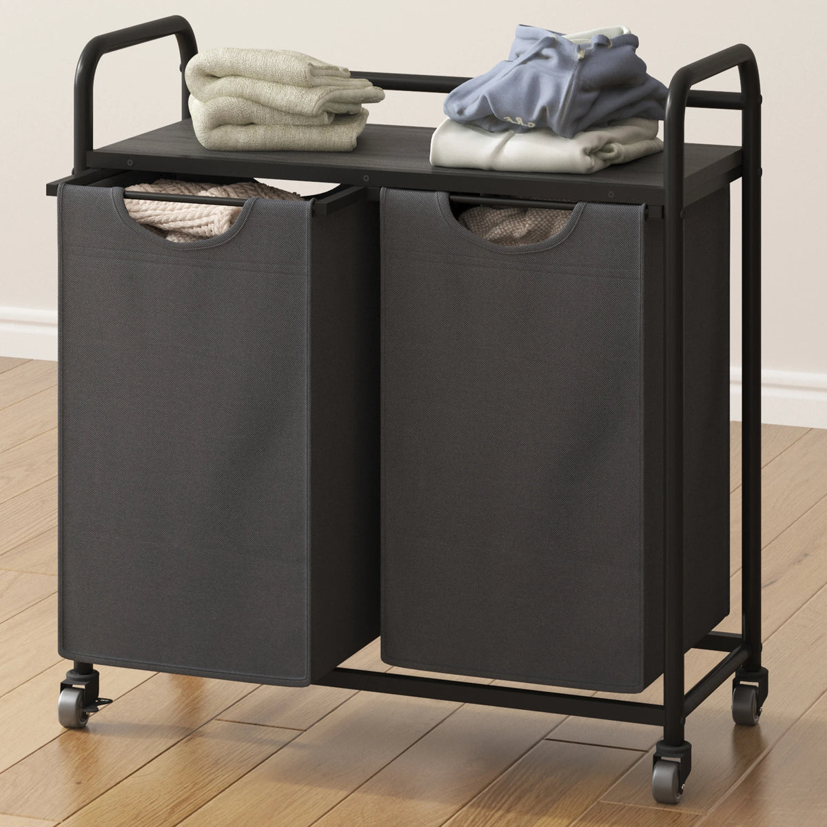 Laundry Basket, 2 Compartments, 2 x 46L, Laundry Hamper with 1 Shelf, Laundry Sorter, Laundry Bag, Extendable and Removable, Per - vue 4 sur 9